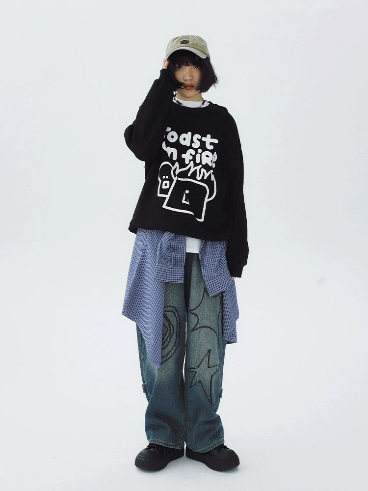 STILLYOU Vintage Patch Line Embroidery Straight Jeans