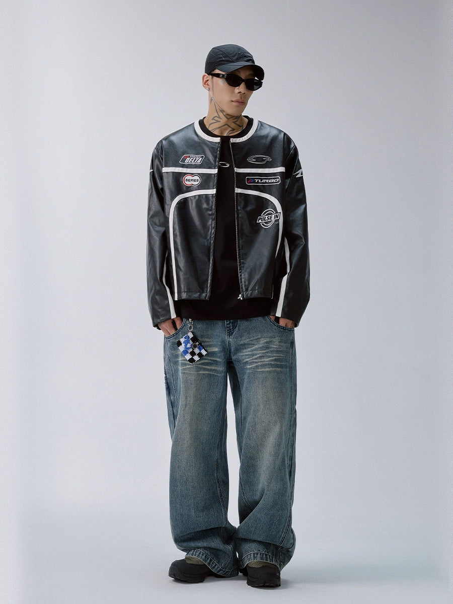 F2CE Embroidered Vintage Striped Stitched Loose Leather Jacket