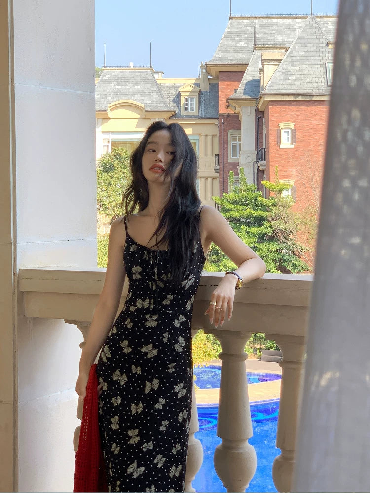 Pusumede Butterfly Print Suspender Dress