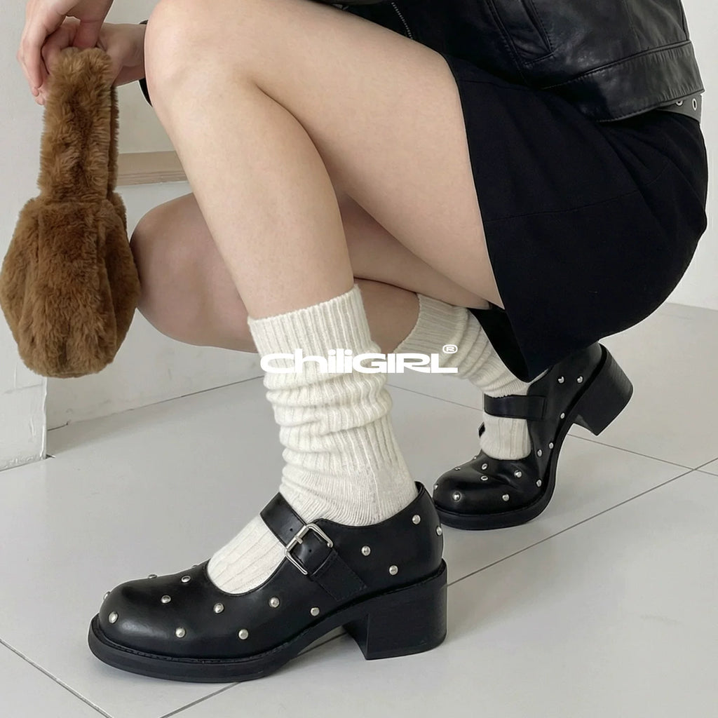 CHILIGIRL Retro One-word Buckle Strap Thick Heel Platform Shoes
