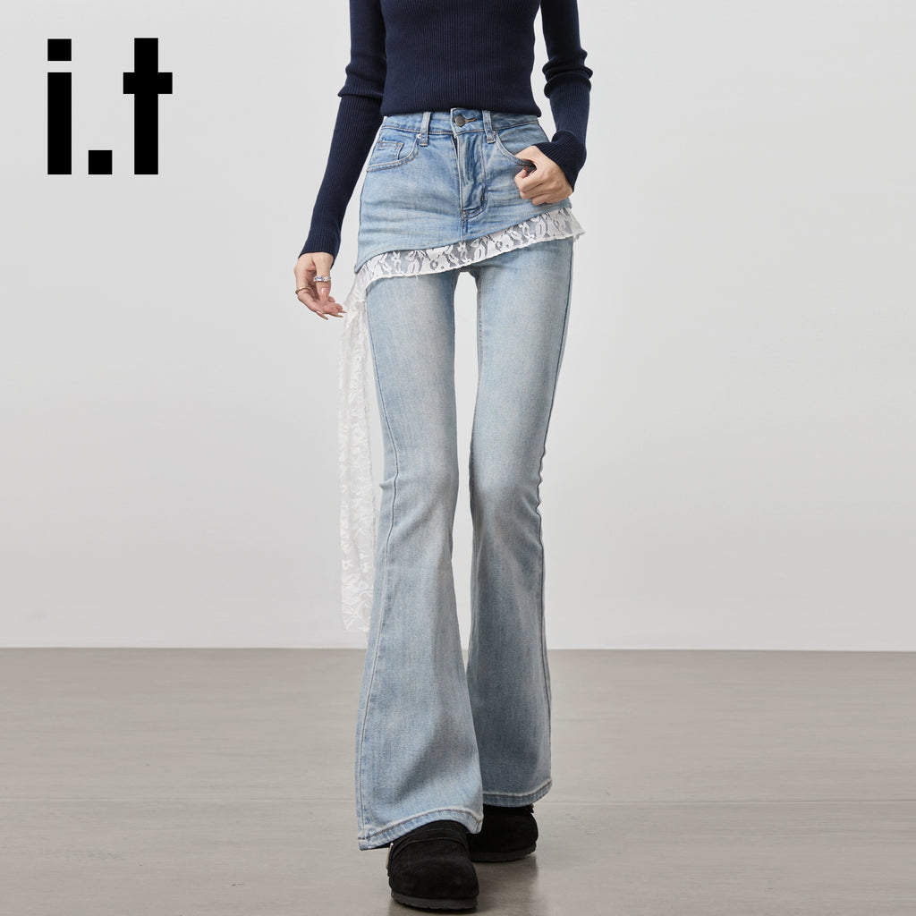 IT: CHOCOOLATE Fake Two-piece Stitched Lace Jeans