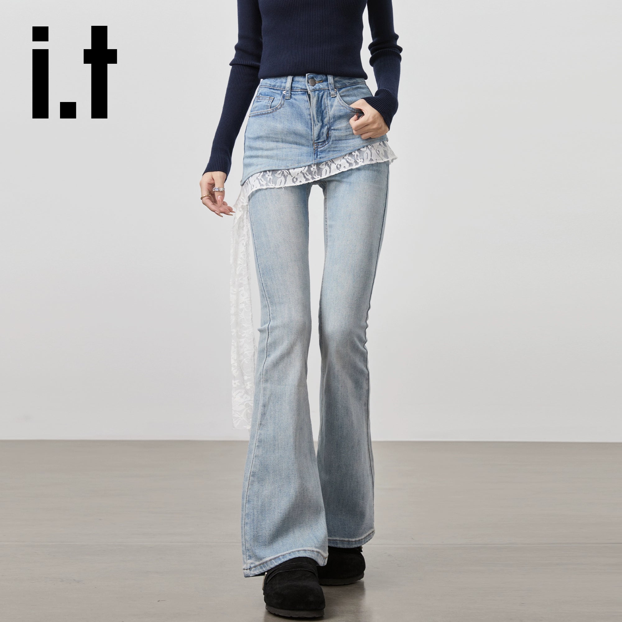 IT: CHOCOOLATE Fake Two-piece Stitched Lace Jeans