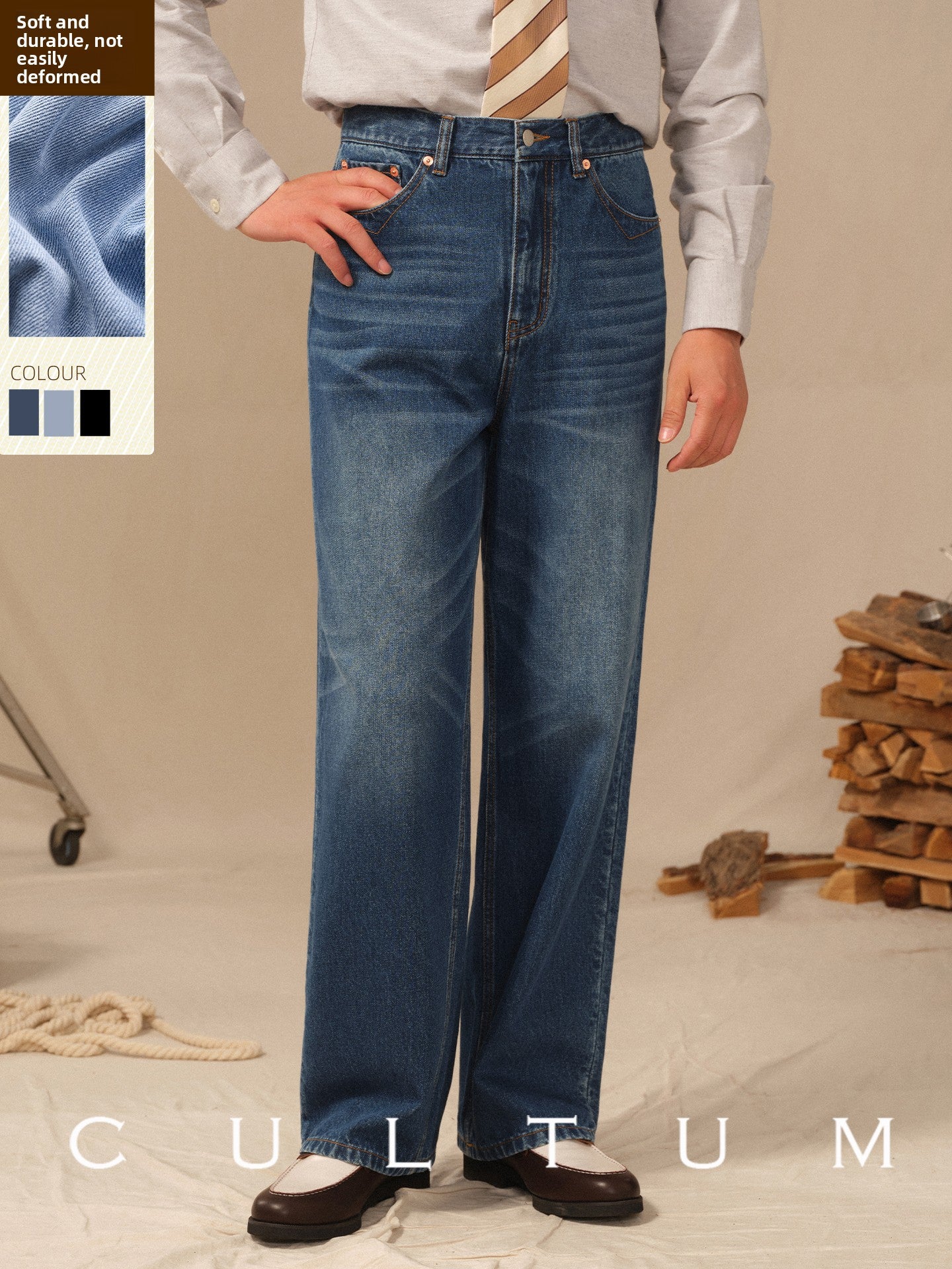 CULTUM Vintage Denim High Waist Wide Leg Straight Casual Pants