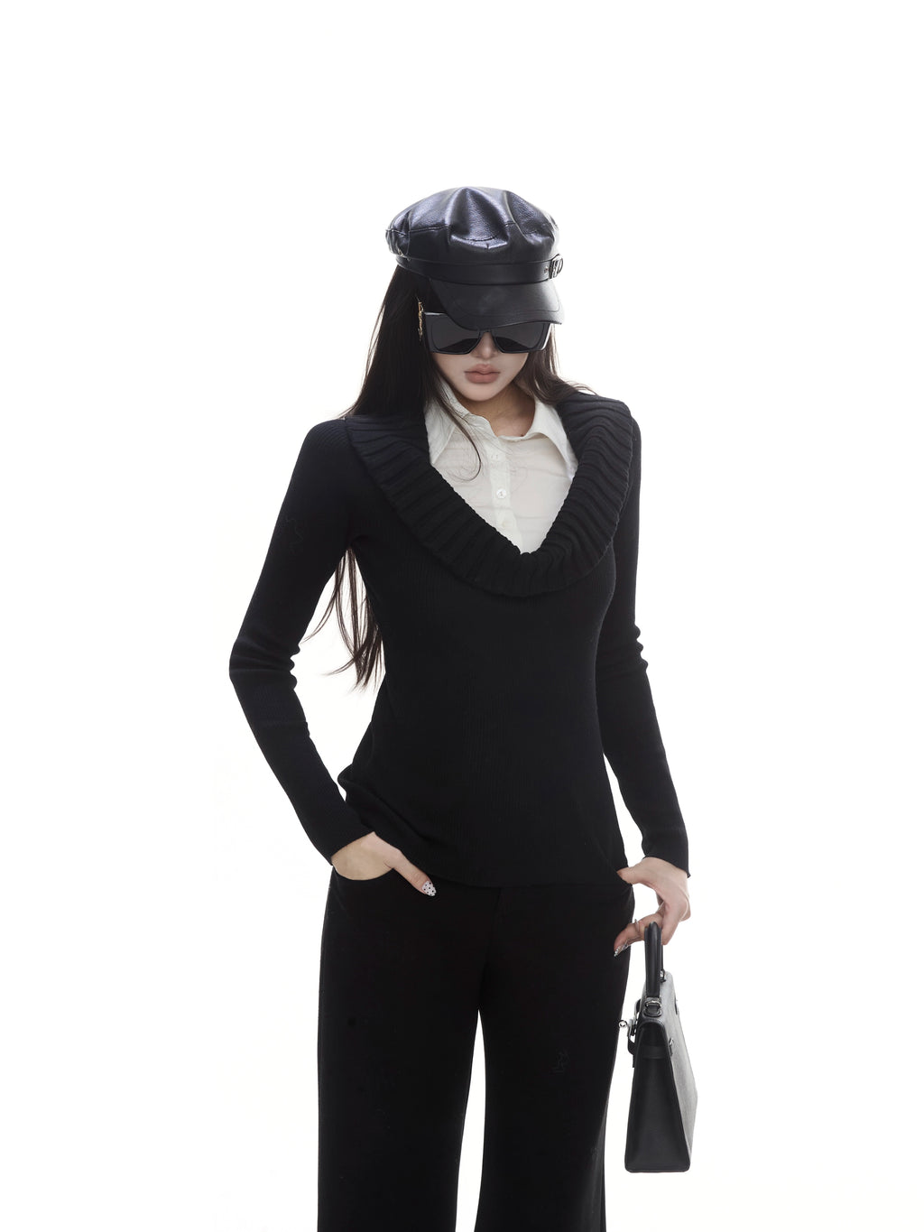 WITHMIN Slim and Thin Versatile Fake Two-piece Knitted Sweater
