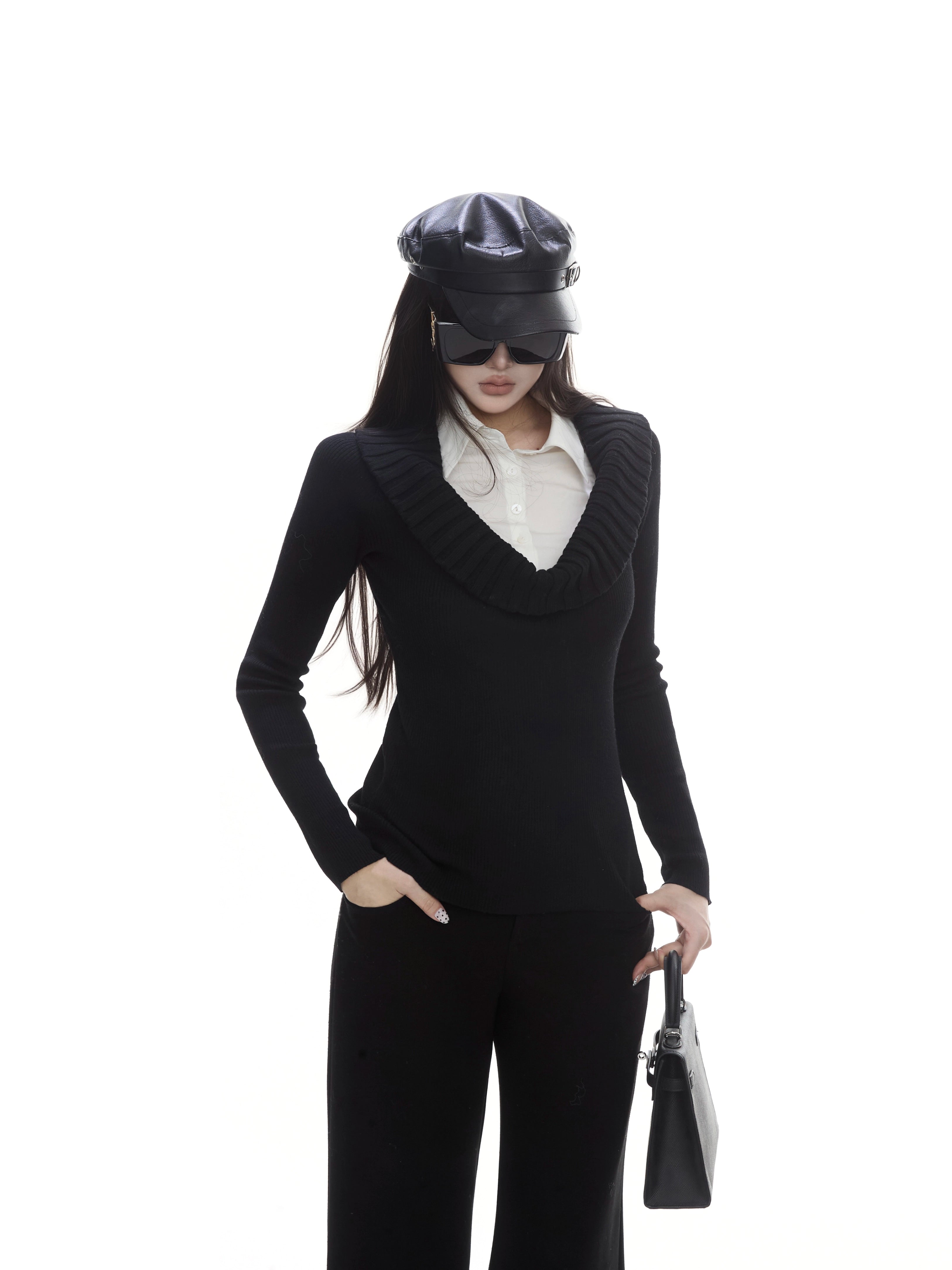 WITHMIN Slim and Thin Versatile Fake Two-piece Knitted Sweater