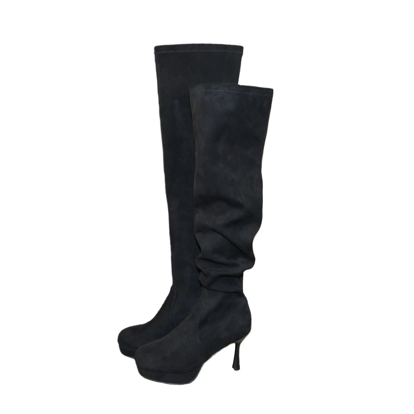 Mooreyu Round-head Pleated Suede Stiletto Boots
