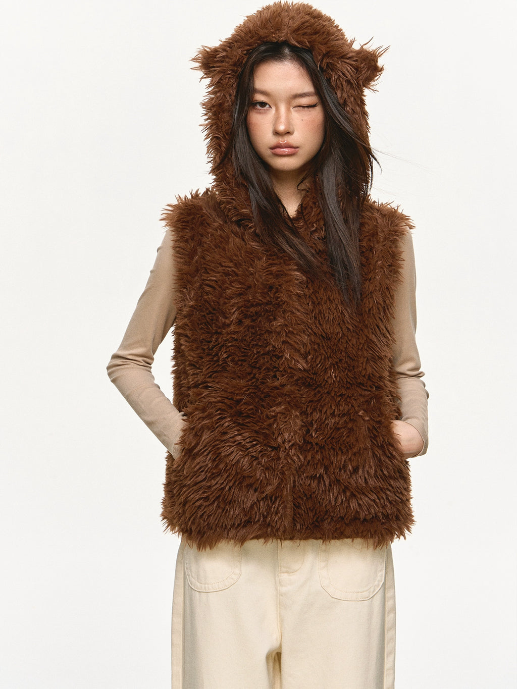 Anna Aneae Bear Ears Cute Hooded Short Fluffy Vest