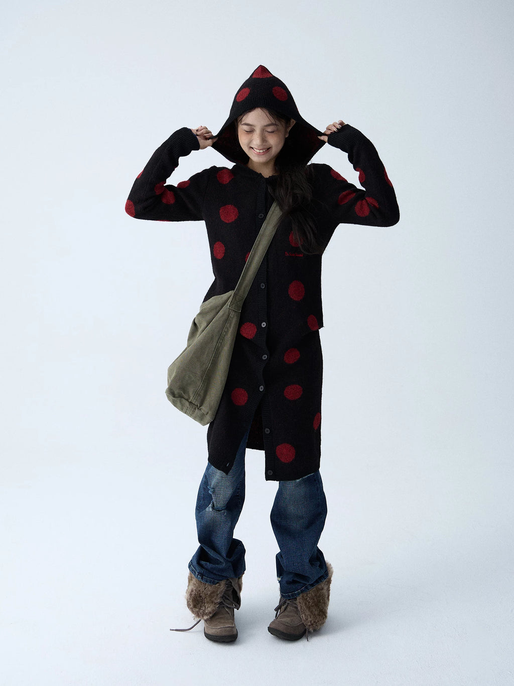 In Two Twos Vintage Polka Dot Long Knit Sweater Cardigan