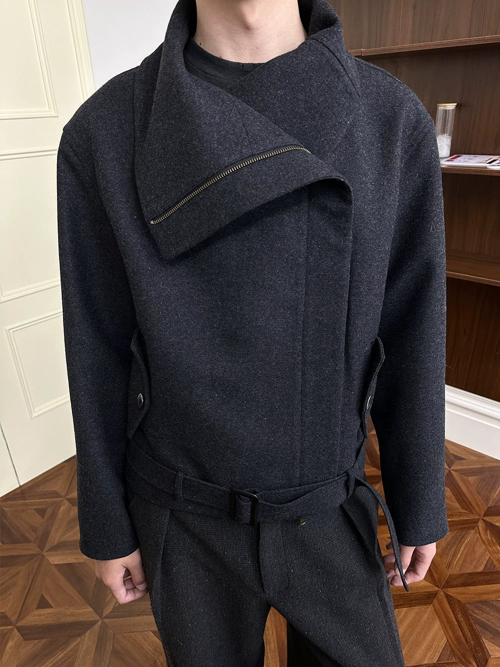 KREATE 50% Merino Wool Diagonal Zipper Multi-wear Tweed Jacket