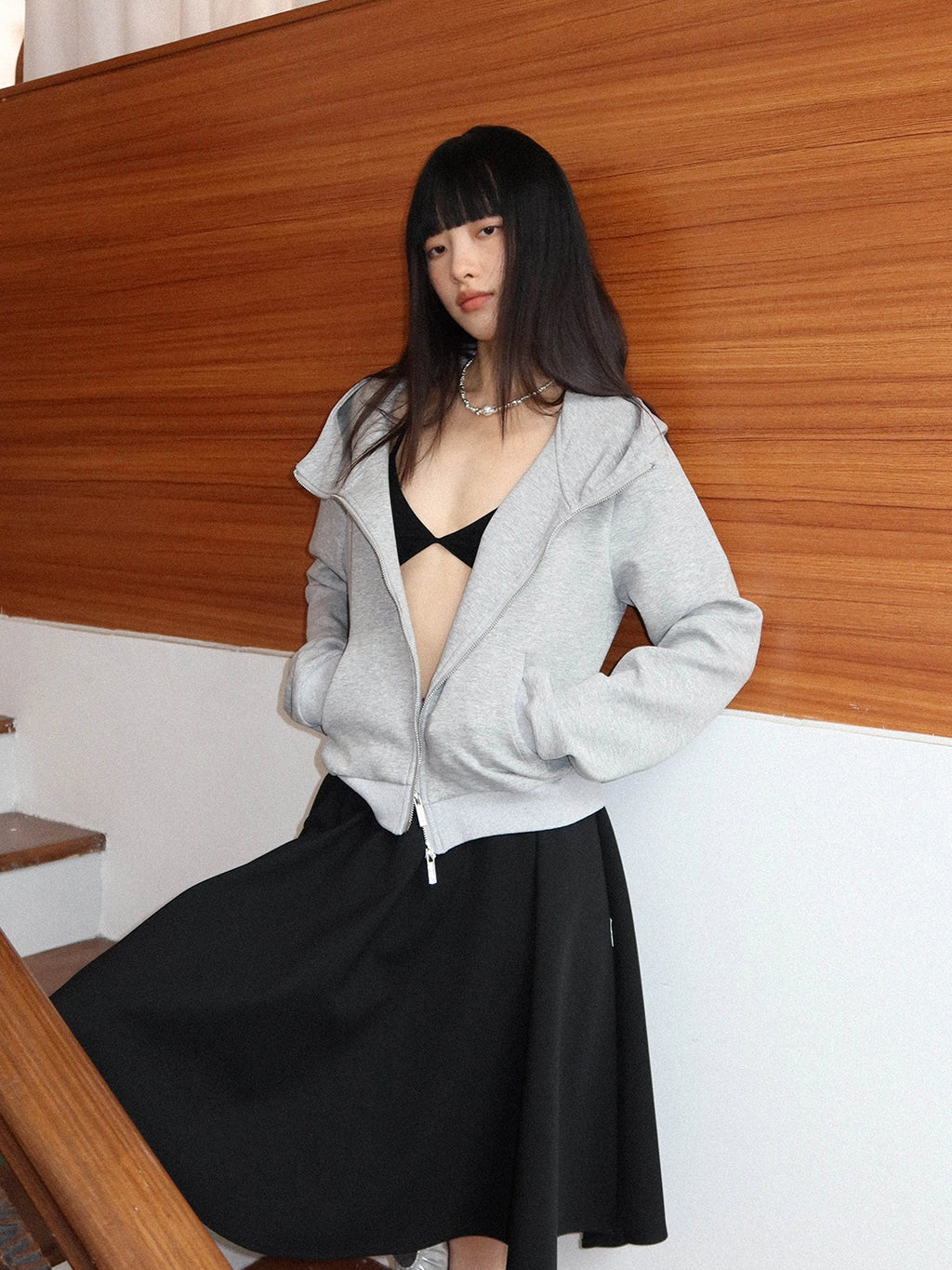 FUNKYFUN Short Stand-up Collar Devil Horn Hooded Cardigan Sweater