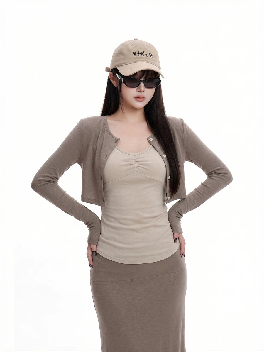 WITHMIN Front Shoulder Long Sleeve Suspender Low Waist Skirt Three-piece Set