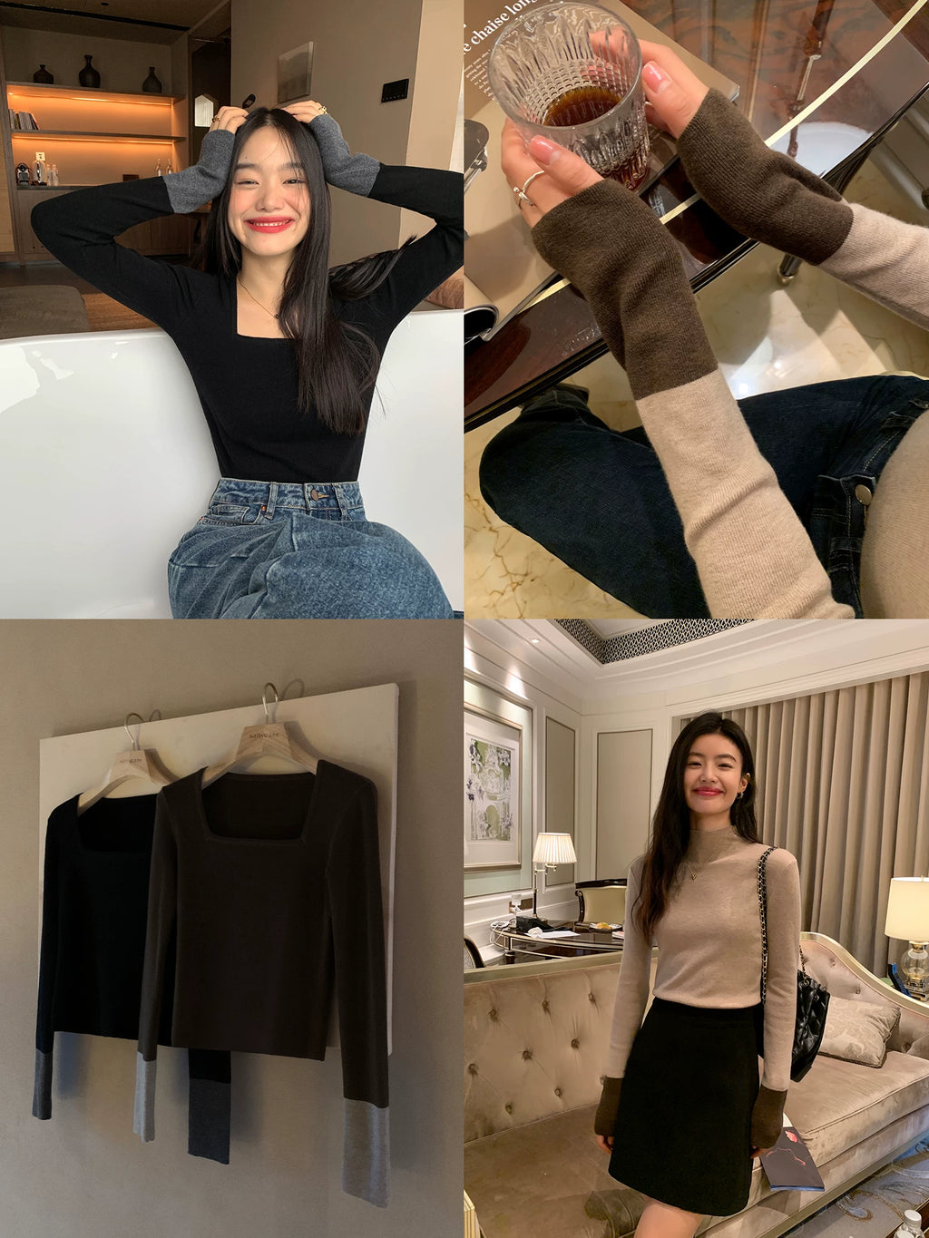 Pusumede Contrasting Color Slim-fitting Long-sleeved Knitted Sweater