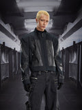 NUndefined Dark Stitching Short Loose Shoulder Padded Stand-up Collar Jacket