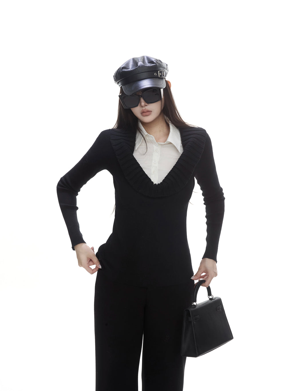 WITHMIN Slim and Thin Versatile Fake Two-piece Knitted Sweater