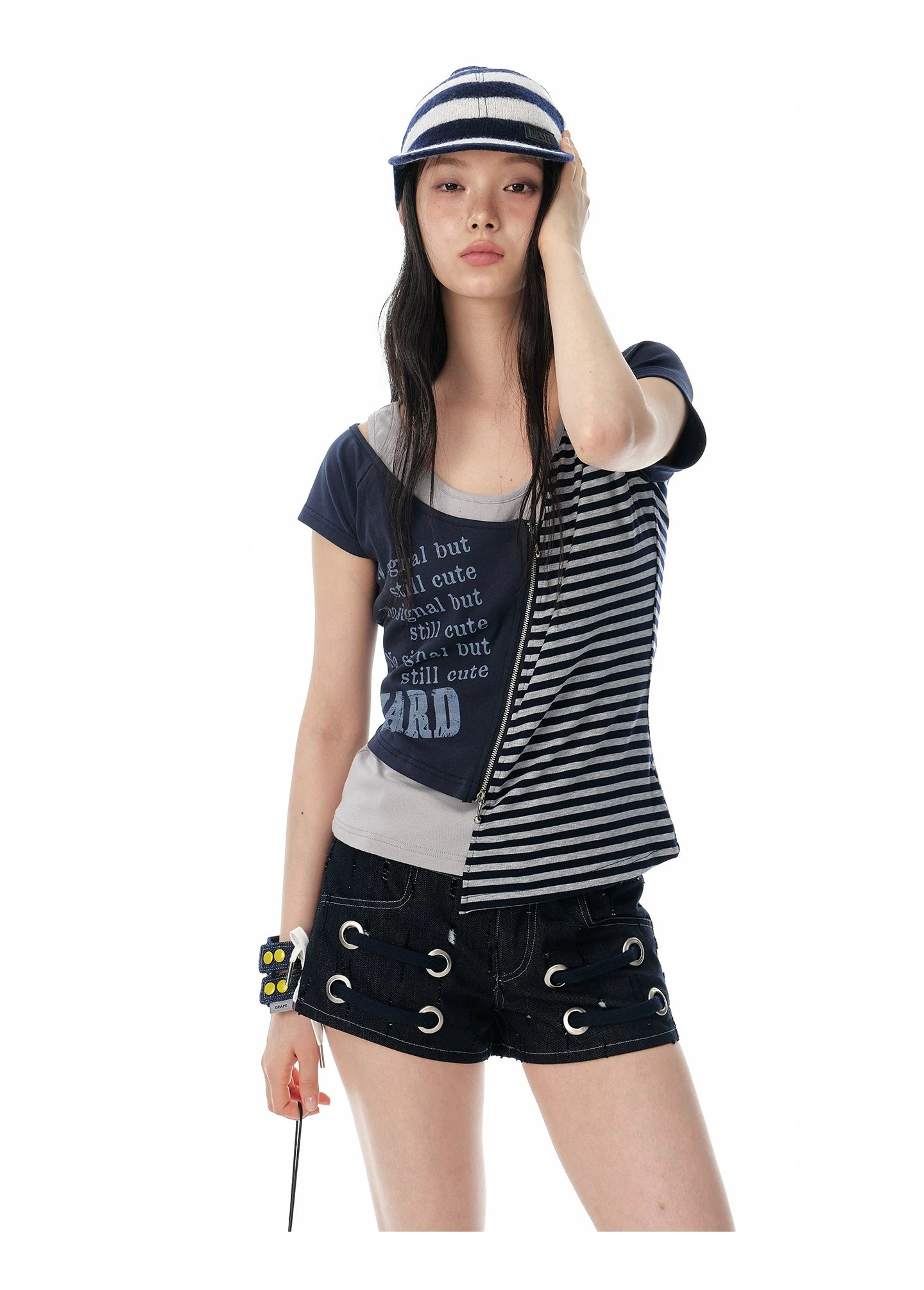 JIKOO Fake Two-piece Shoulder Sleeve Striped Tee