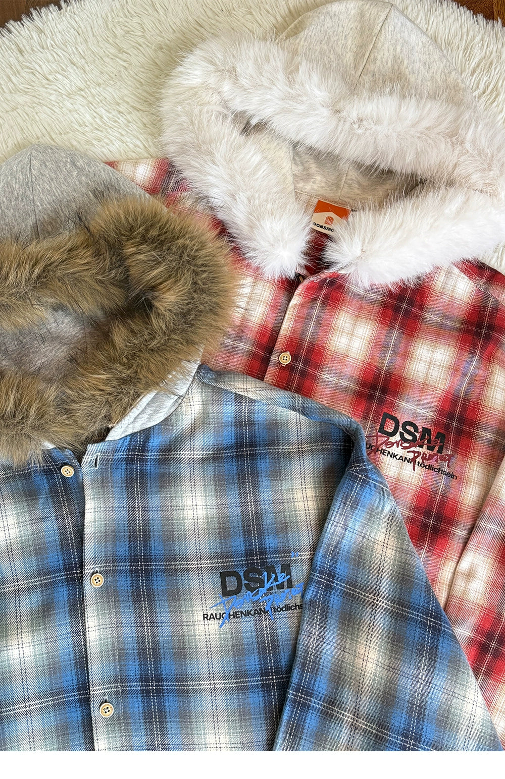 DONSMOKE Checked Hooded Fur Collar Shirt