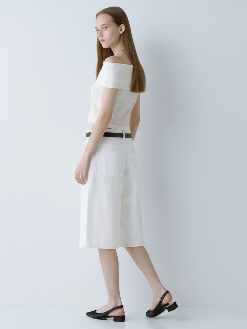 GU Off-the-shoulder One-word Collar Fashionable Slim and Thin Versatile Tee