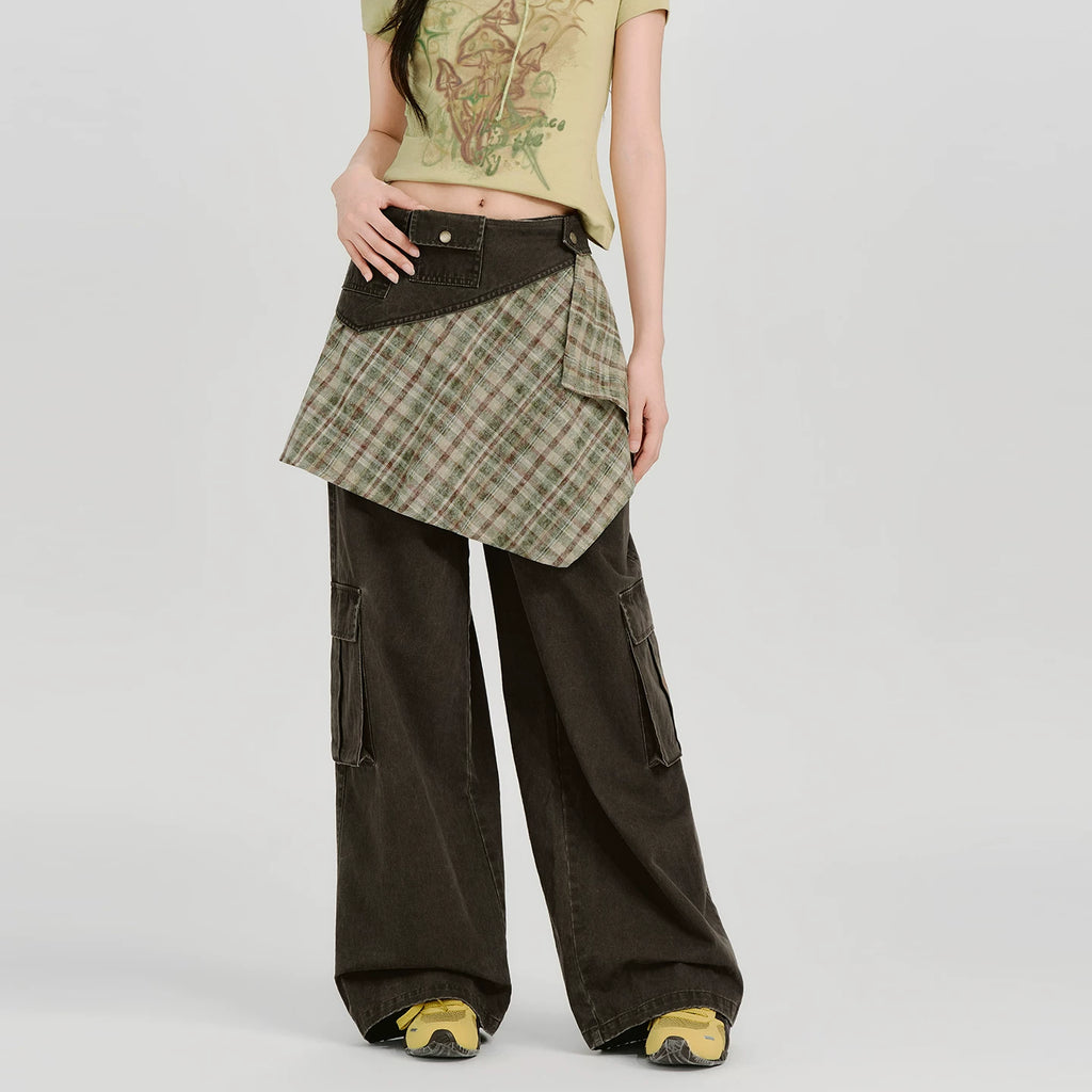 Girlyhalo Vintage Checked Fart Curtain Loose Wide Leg Pants