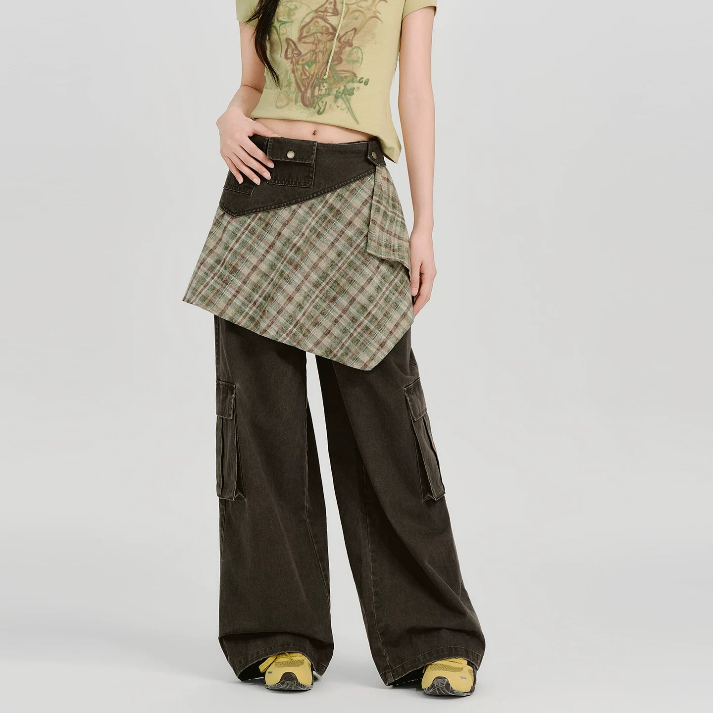 Girlyhalo Vintage Checked Fart Curtain Loose Wide Leg Pants