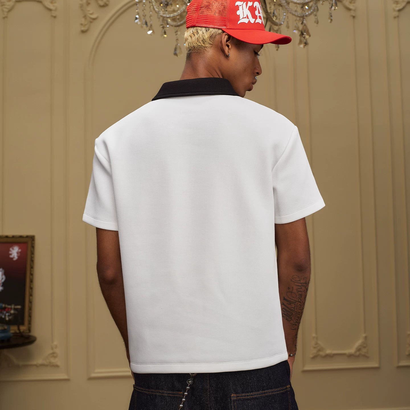 YADcrew Embroidered Letter Contrasting Polo Shirt