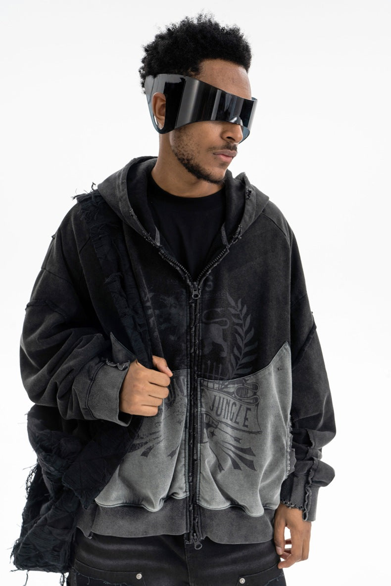 SUPER WAY Vintage Stitching Digital Print Hooded Sweater