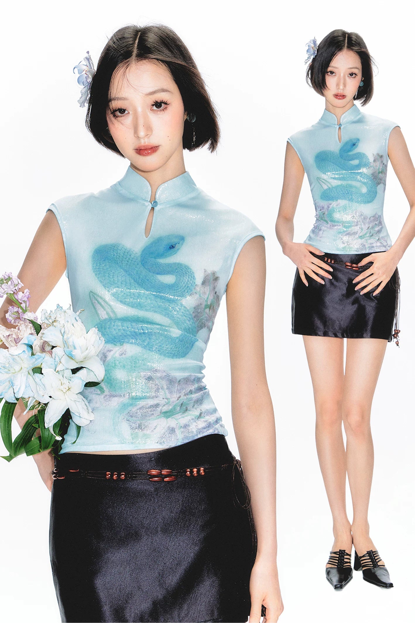 YEDM Printed Sleeveless Stand-up Collar Short Vest