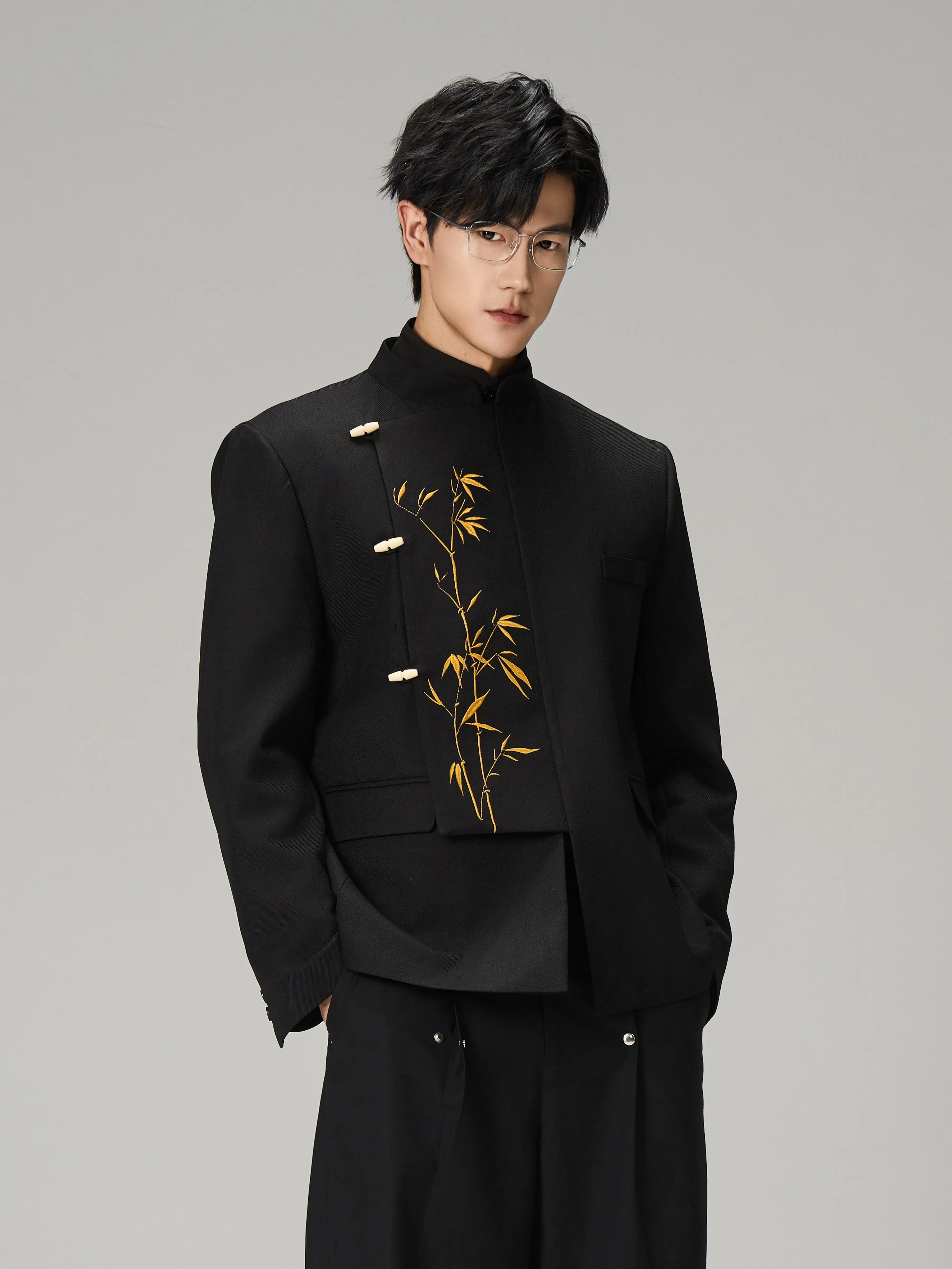 CNEW Golden Bamboo Embroidered Stand-up Collar Suit Jacket