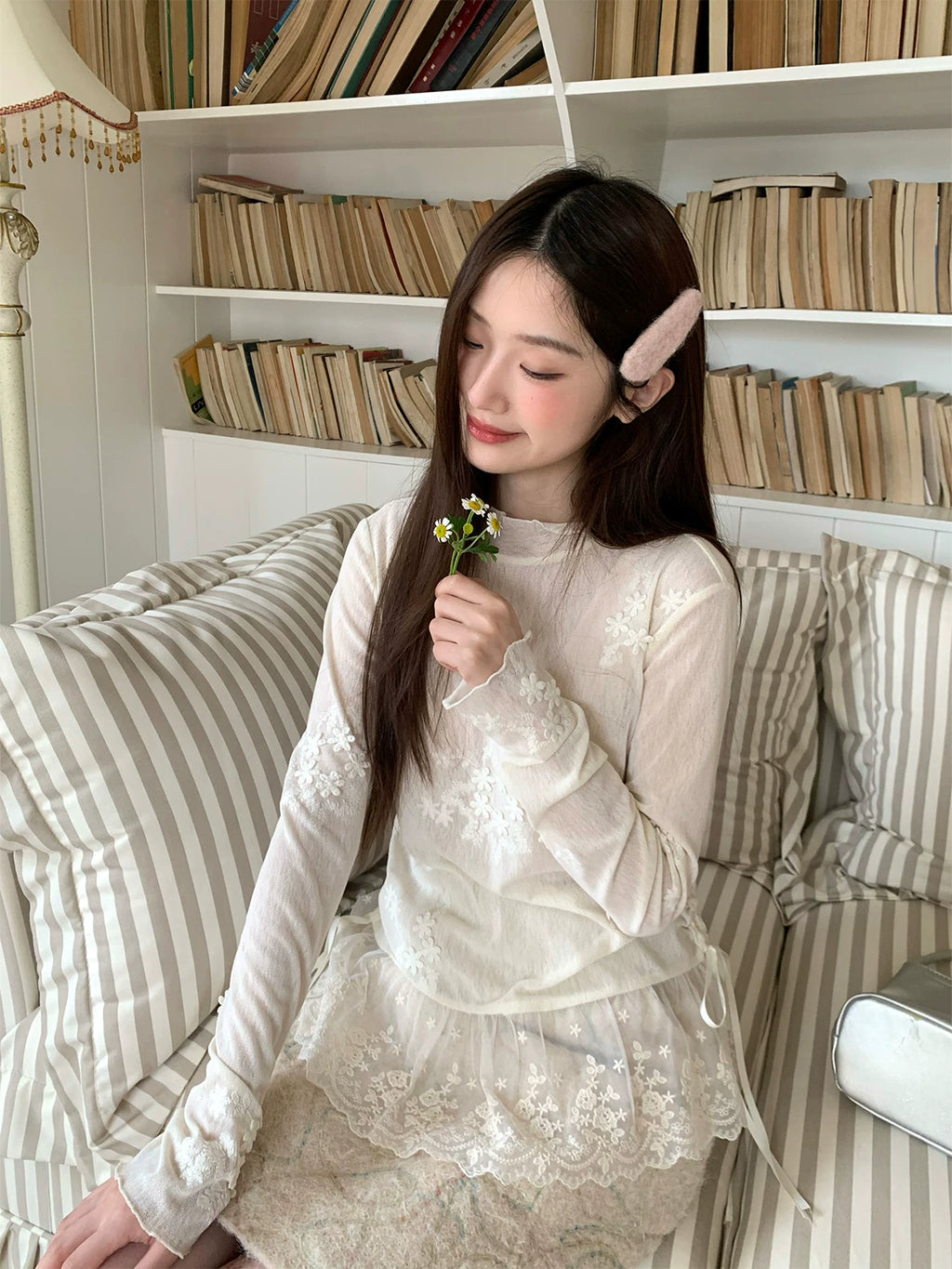 MUCHA Three-dimensional Embroidery Thin Slim Long Sleeves
