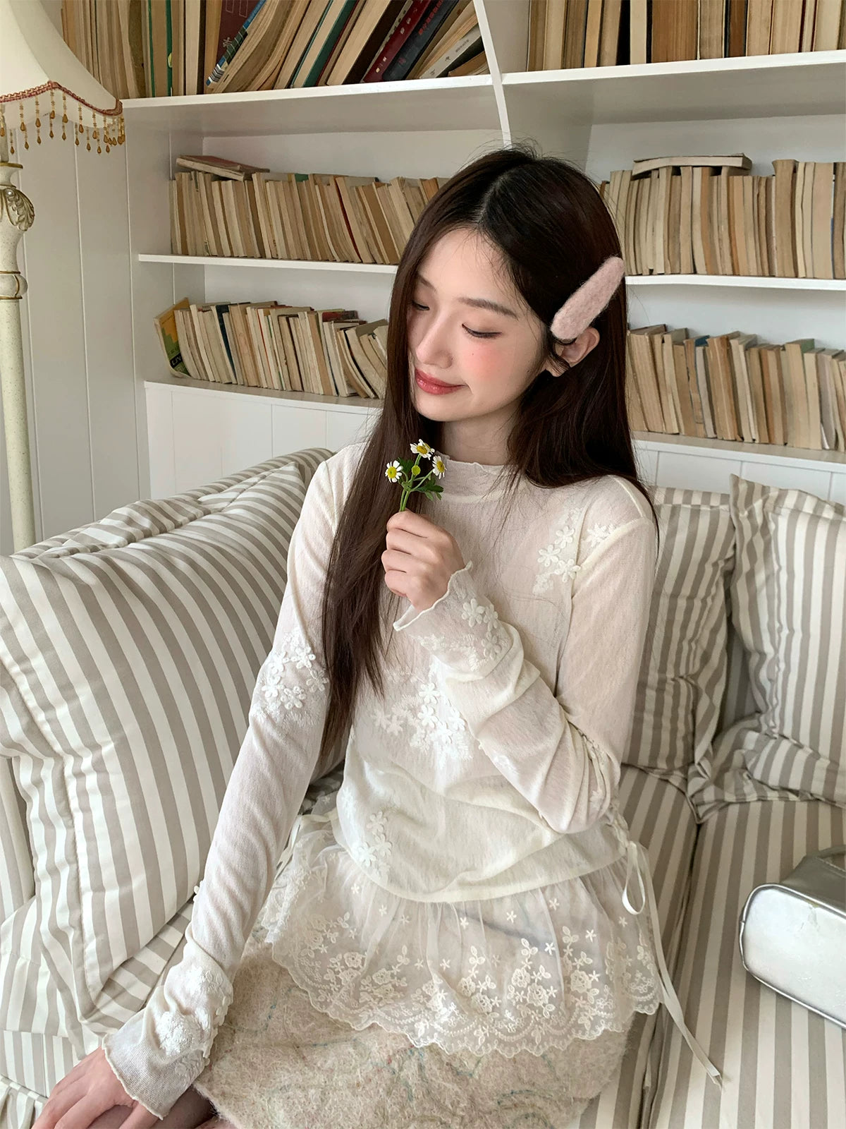 MUCHA Three-dimensional Embroidery Thin Slim Long Sleeves
