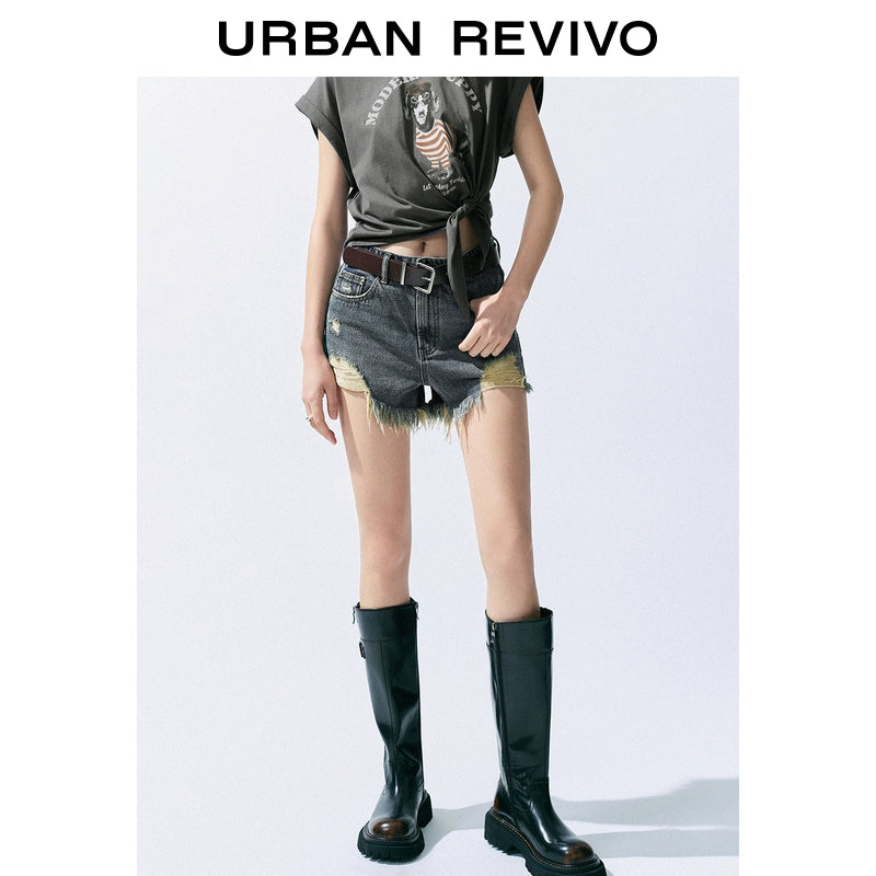 URBAN REVIVO Simple Street-style Fringed Casual Shorts