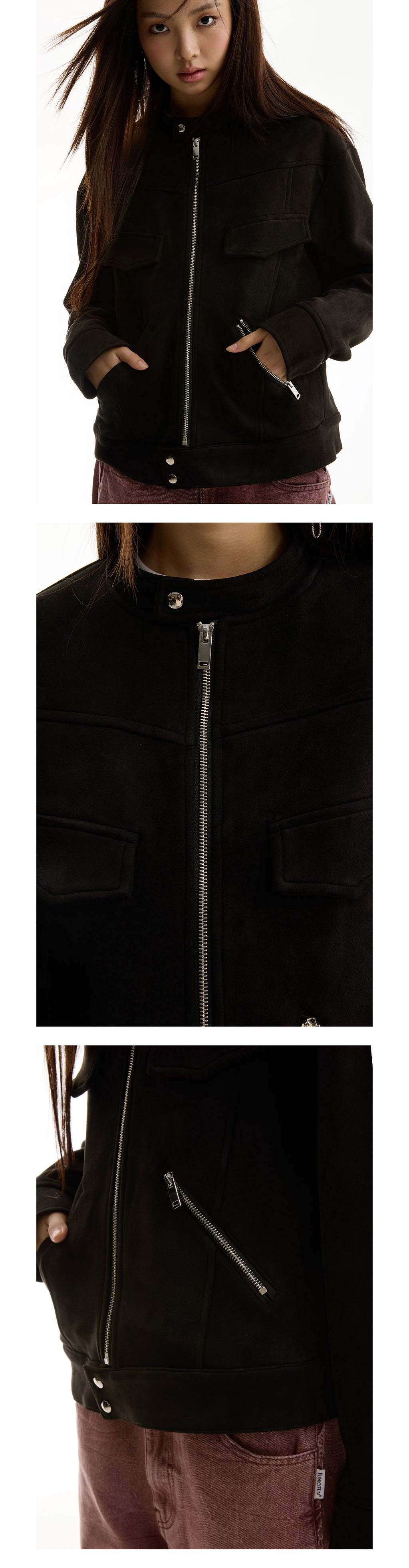 FUNKYFUN 2024AW black suede small stand-up neck zipper loose jacket jacket