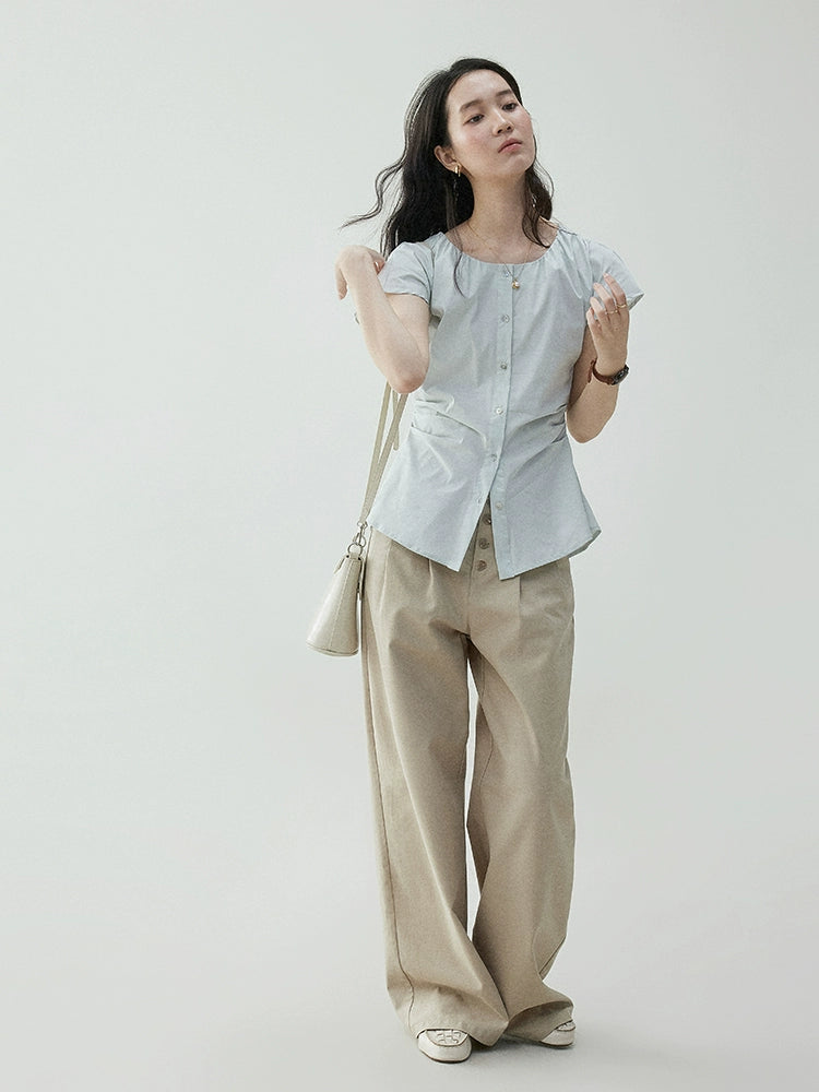 VOOE Crew Neck Waist Pleated Strap-on Shirt