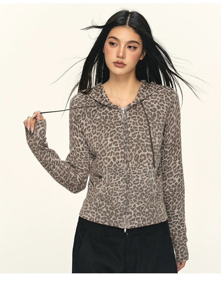 Anna Aneae Leopard Print Hooded Short Casual Slim Jacket
