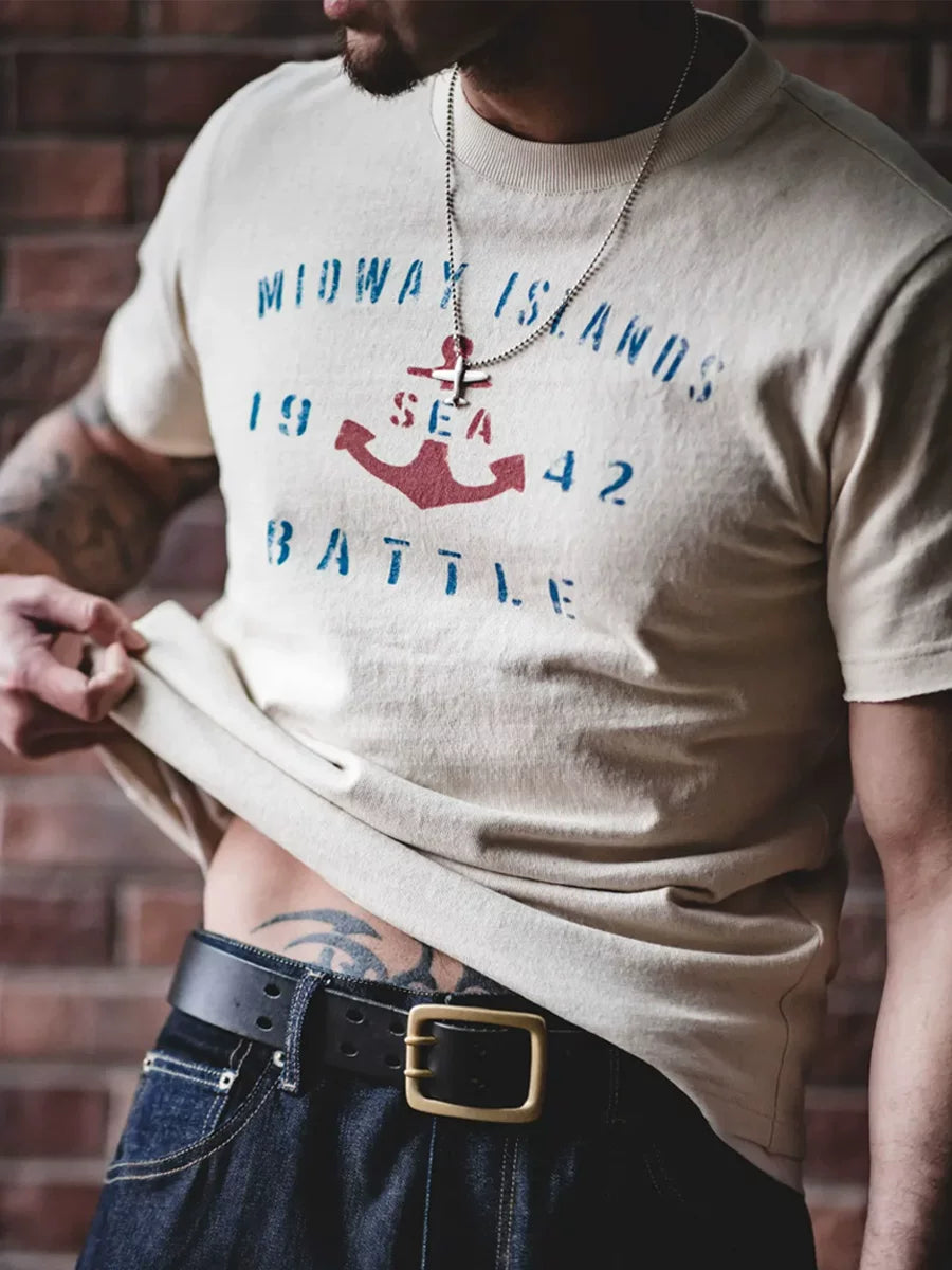 Maden Vintage Anchor Print Letter Crew Neck Tee