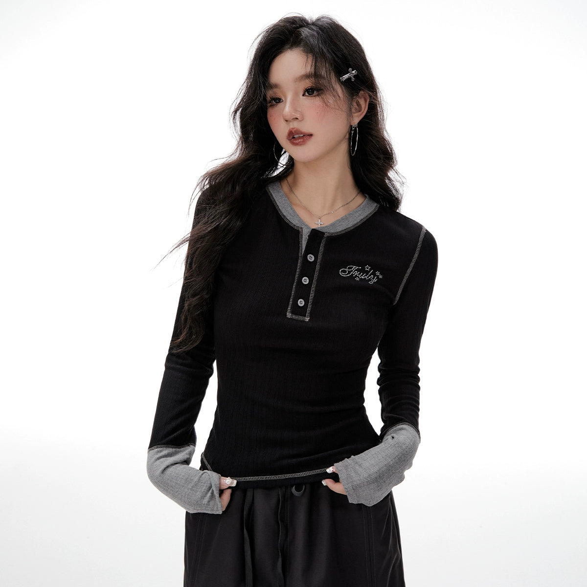 Imone Retro Letter Hot Diamond Contrasting Fake Two Long Sleeves