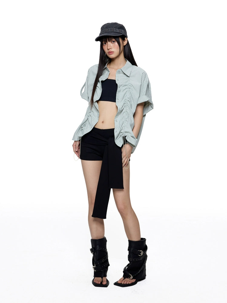 EZEK Temperament Striped Thin Front Shoulder Short Sleeve Shirt