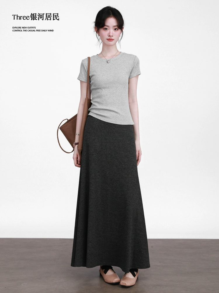 Three Shoulder Crew Neck Slim Short Skinny Tee