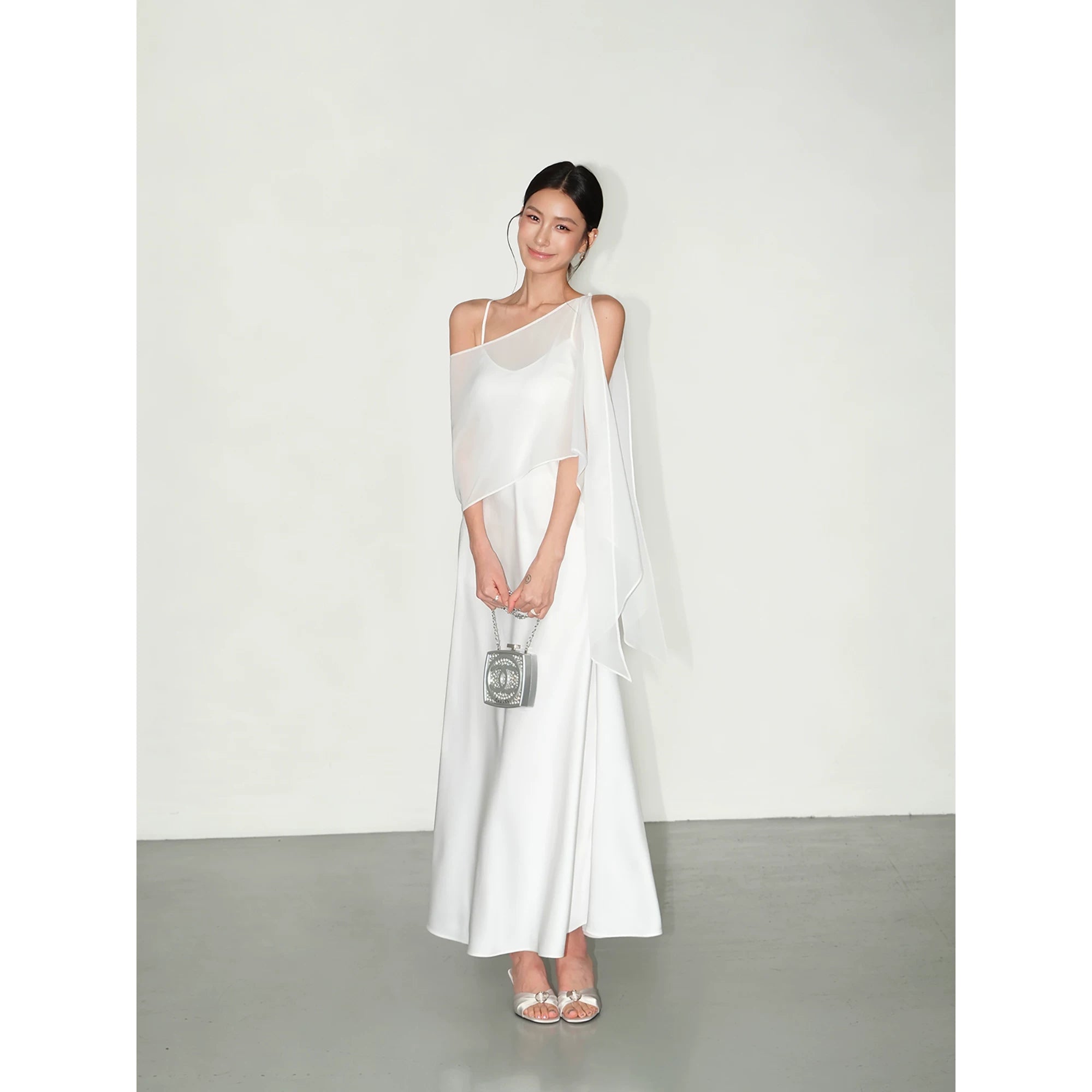 NEVA HU Satin V-neck Shawl Halter Suspender Dress