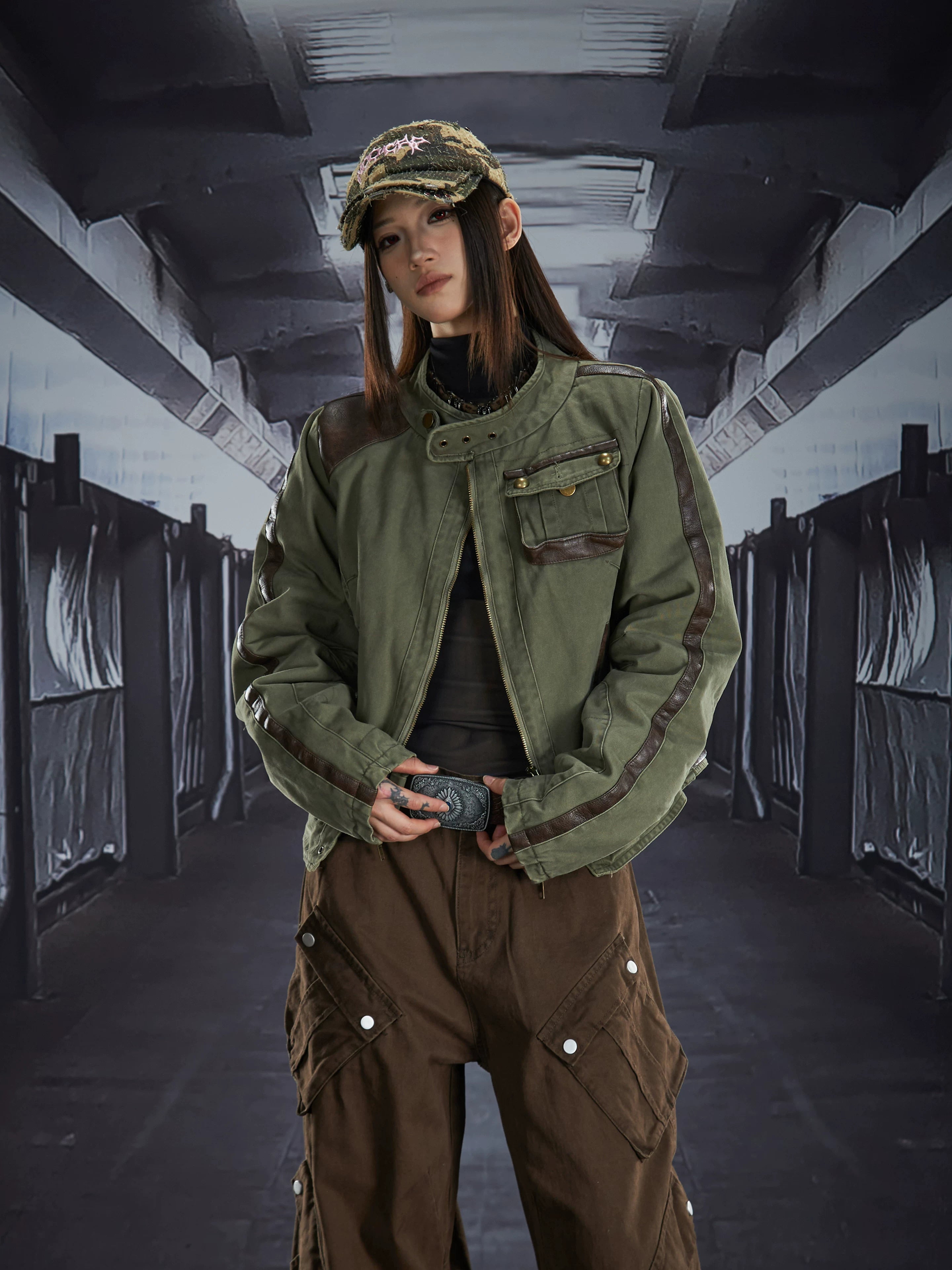 NOMANIAI Retro Stand-up Collar Leather Contrasting Color Thickened Cotton Jacket