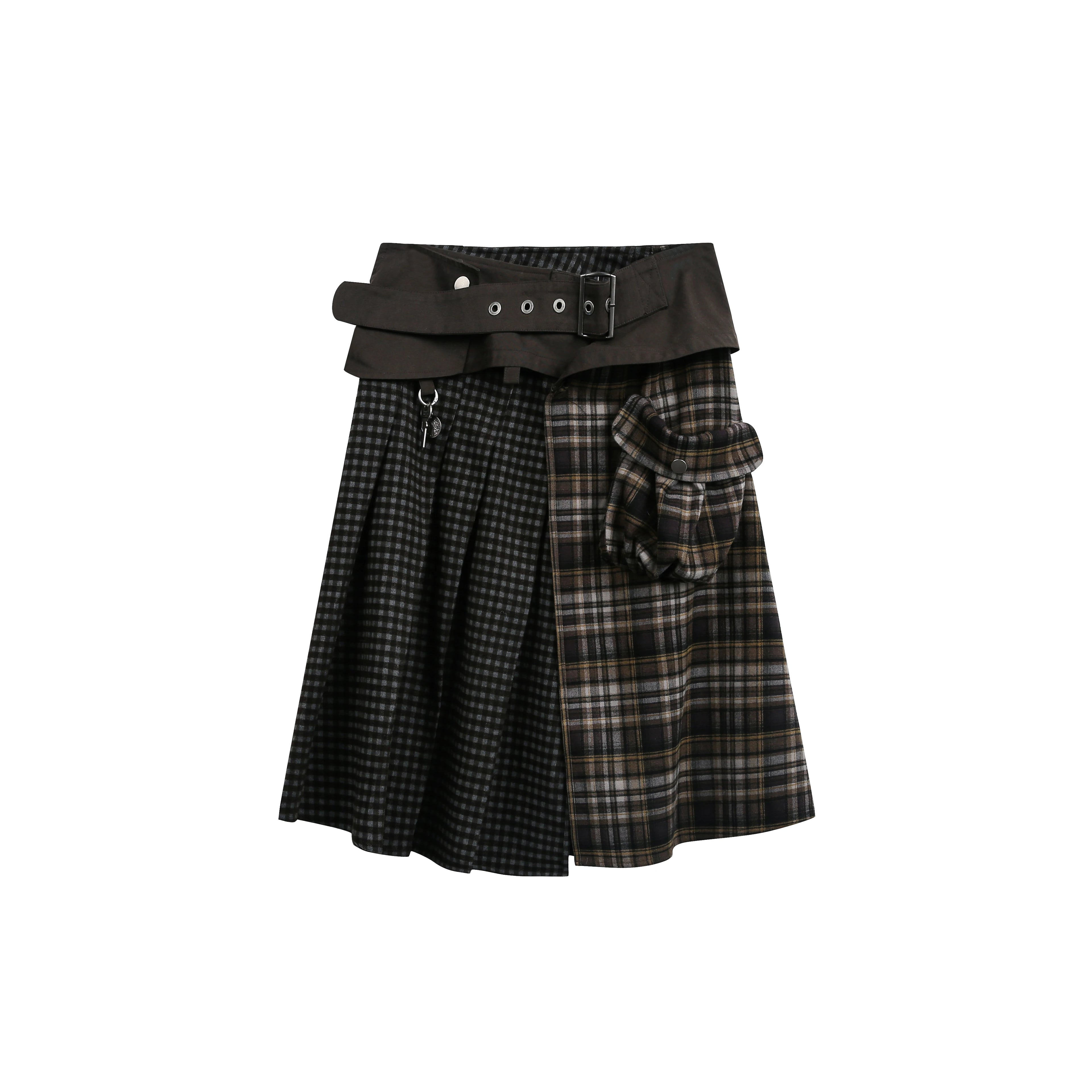 JIKOO Contrasting Color Splicing Plaid Skirt