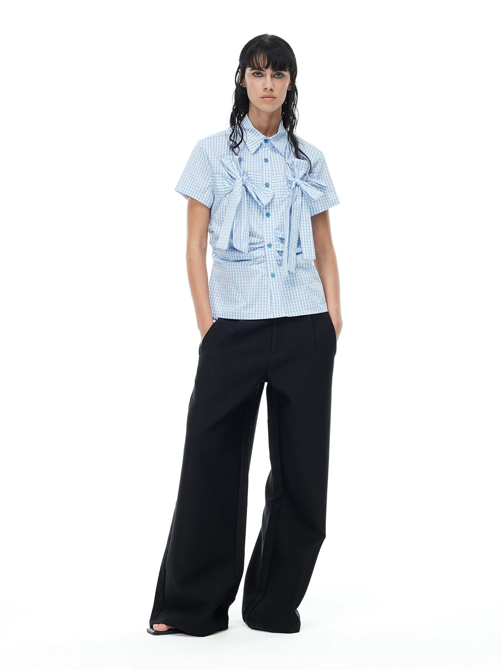 COSTUSTOOT Plaid Waist Slim Short-sleeved Shirt