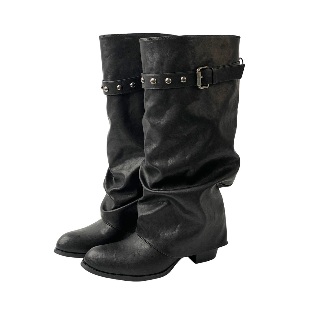 Mooreyu Versatile Rivet Pleated Stack Belt Buckle Boots