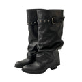 Mooreyu Versatile Rivet Pleated Stack Belt Buckle Boots