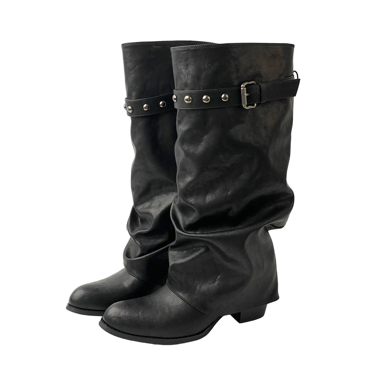 Mooreyu Versatile Rivet Pleated Stack Belt Buckle Boots