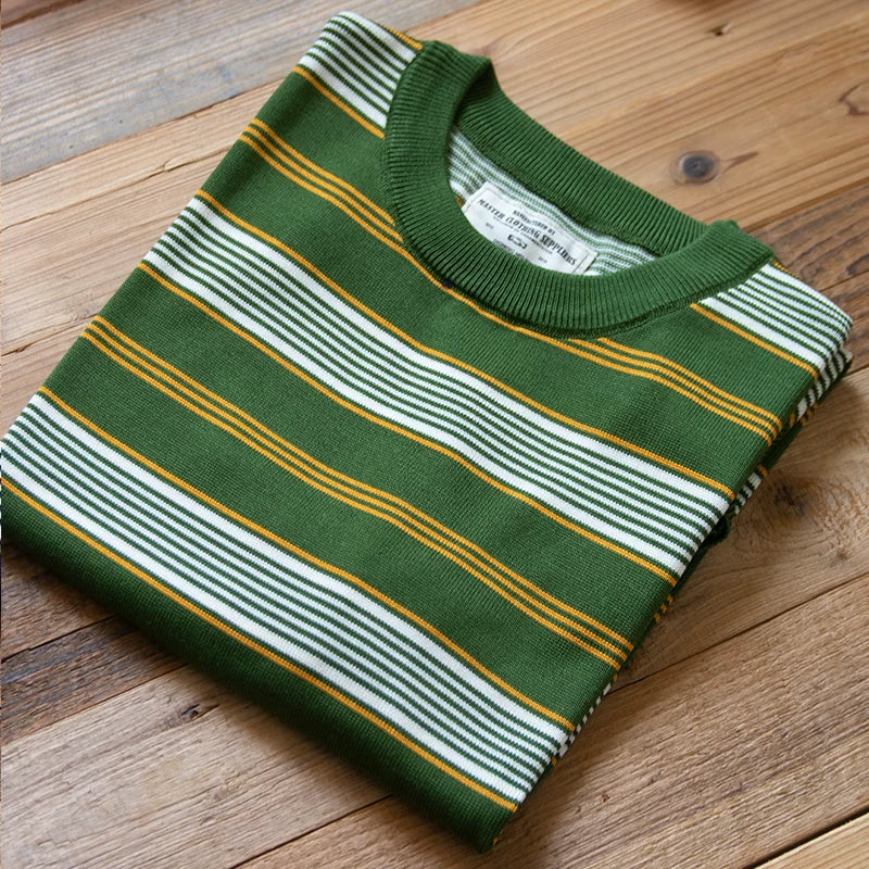 PrintAce Knitted Vintage Striped Crew Neck Front Shoulder Tee