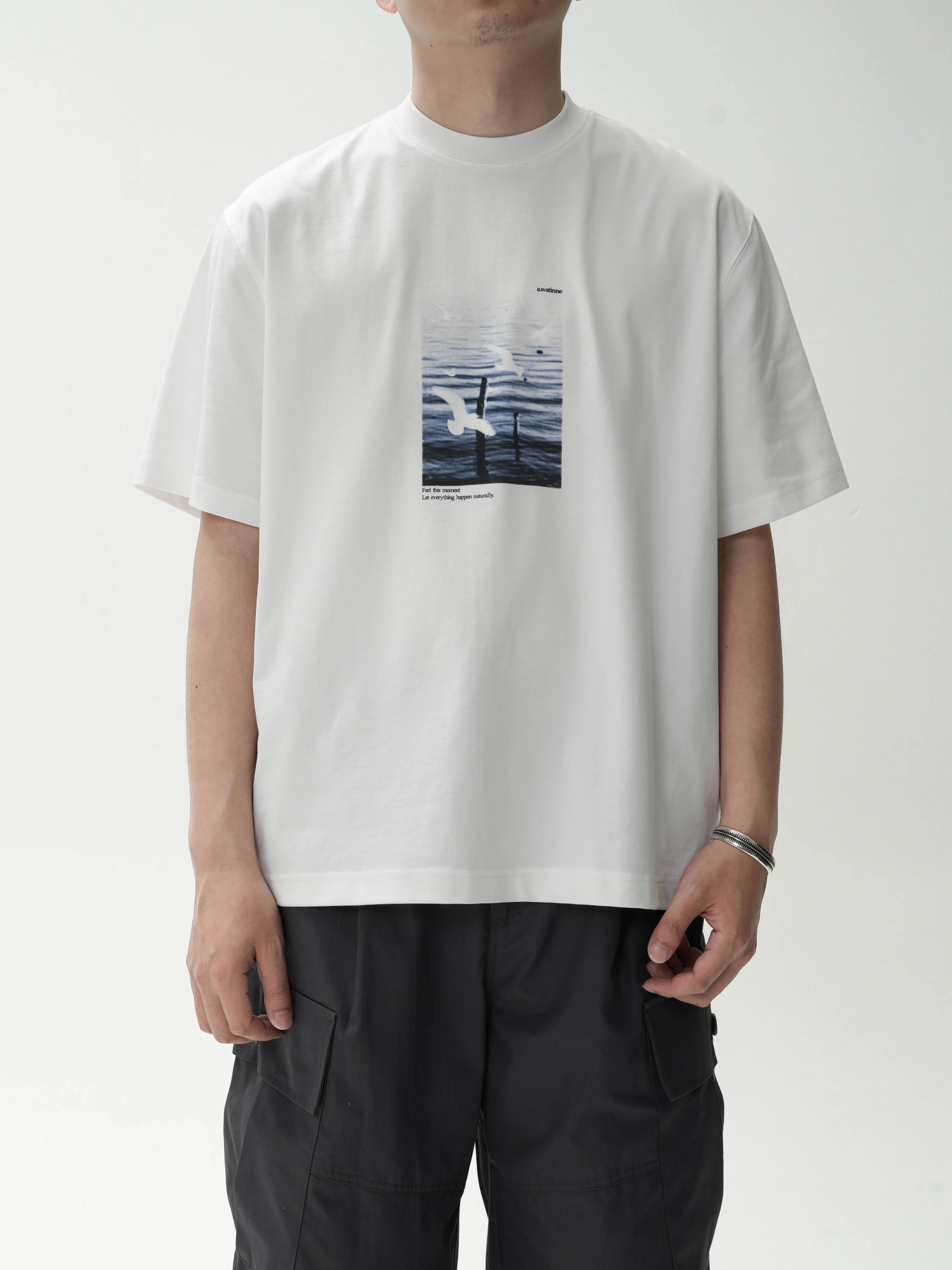 AWT Landscape Flying Bird Direct Injection Printing Loose TEE