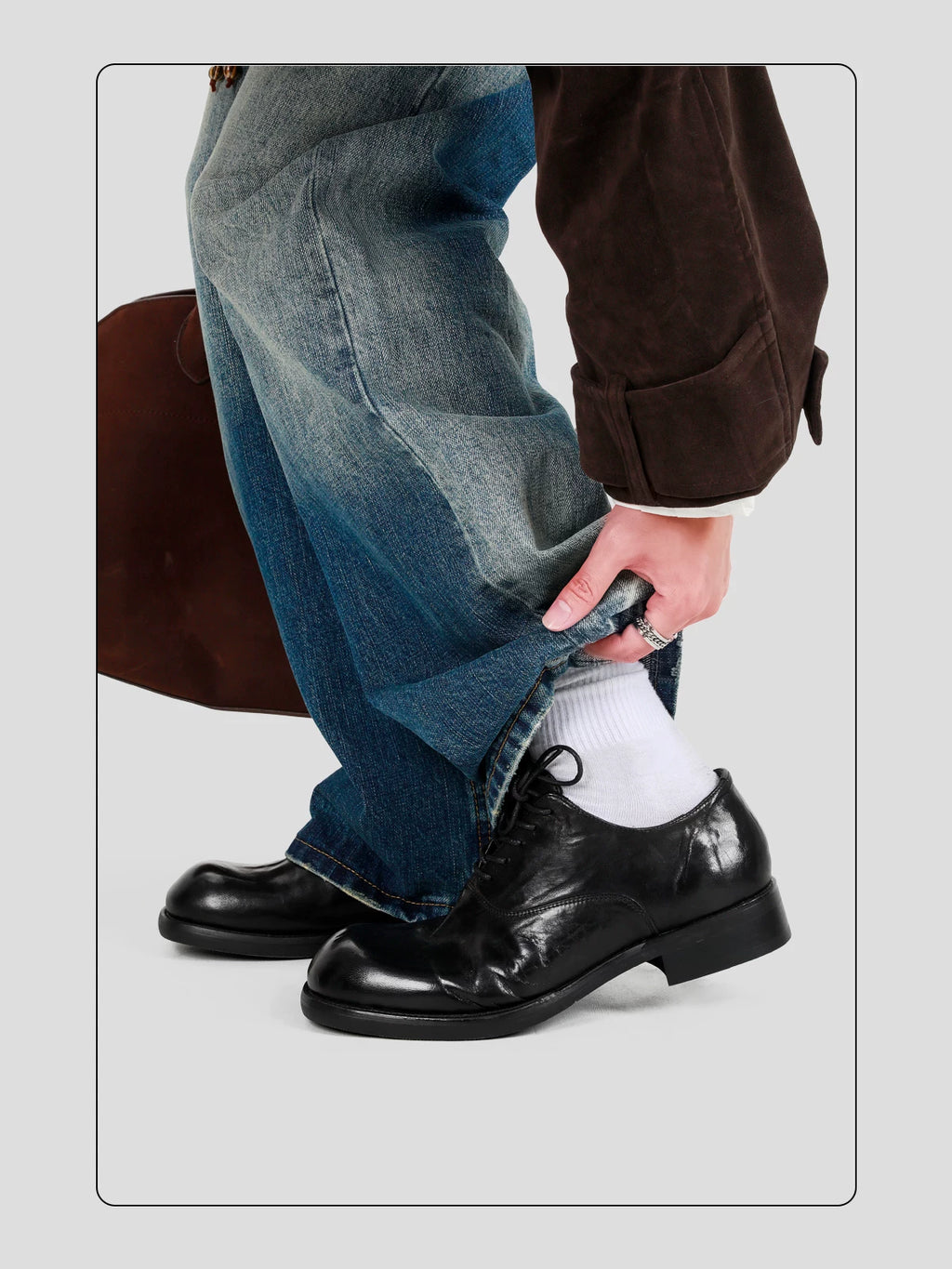 HANQIAORJI Washed Horse Leather Square Round Head Derby Shoes Leather Shoes