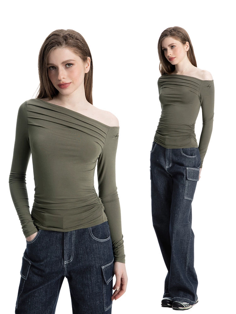 ABMY Pleated Slim Skinny Slash Shoulder Tee