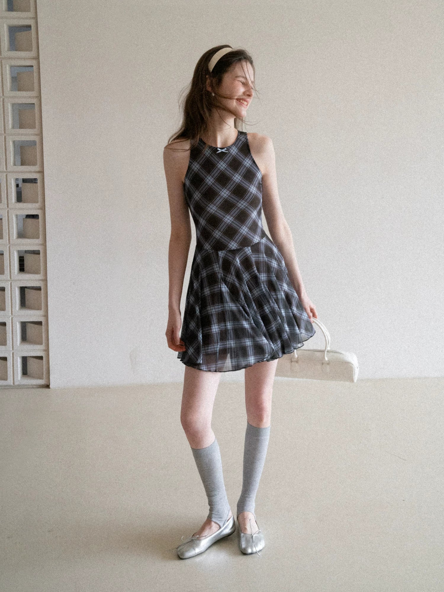 EGGKA Plaid Bow Vest Dress