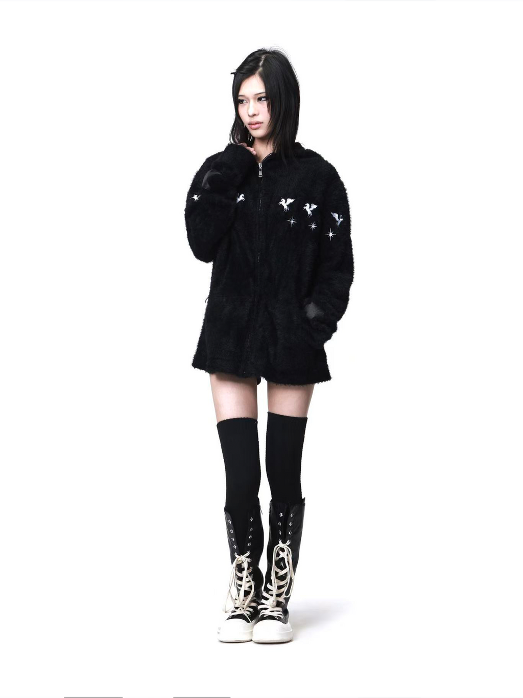 DETW Shoulder-down Zip Mohair Hooded Embroidered Jacket